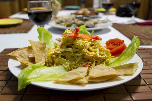 Dining on Lobster Salad at Tranquility Bay Resort, Ambergris Caye, Belize